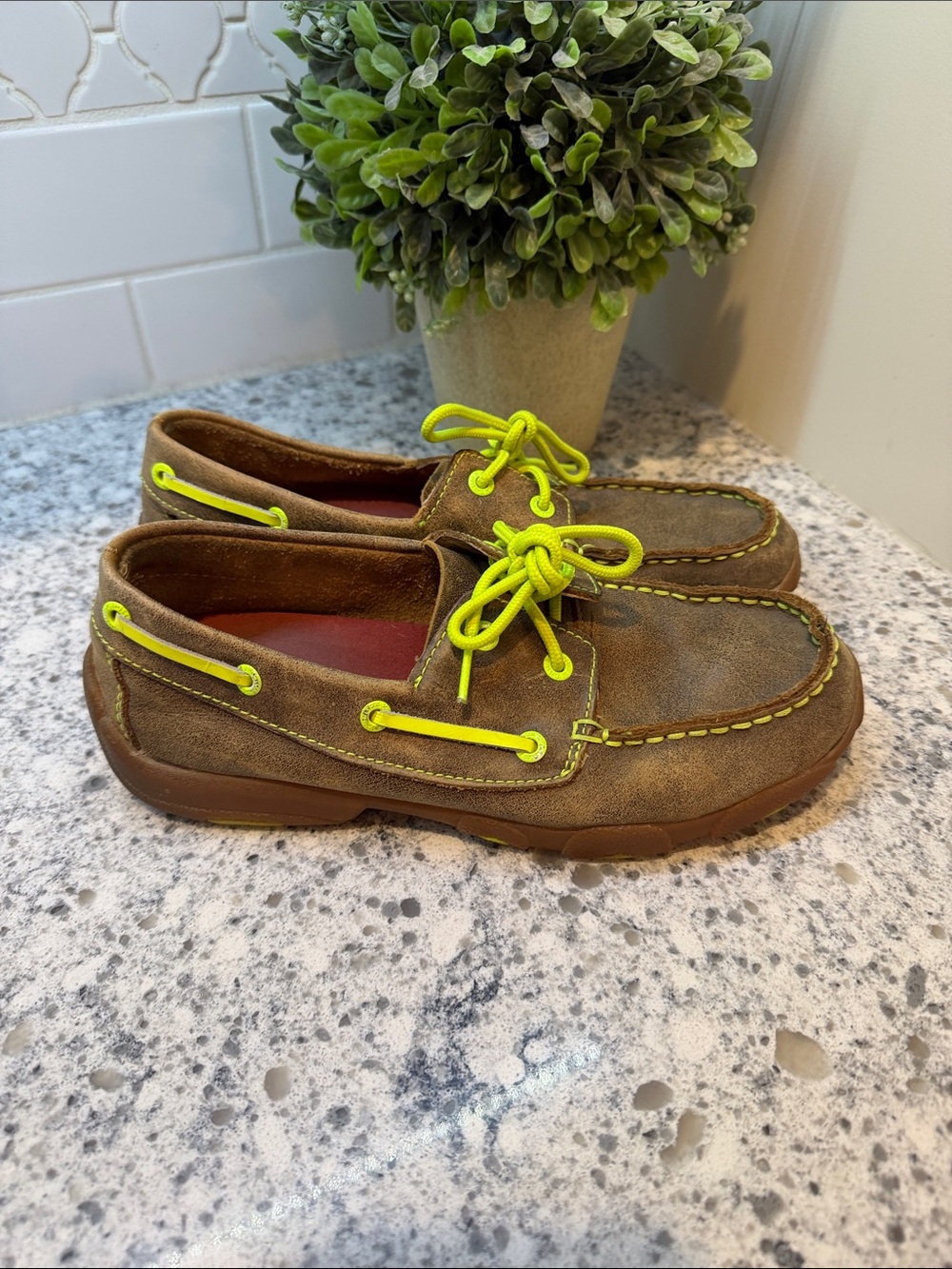Twisted X Brown Suede Boat Shoes with Neon Yellow Laces youth women’s 5.5